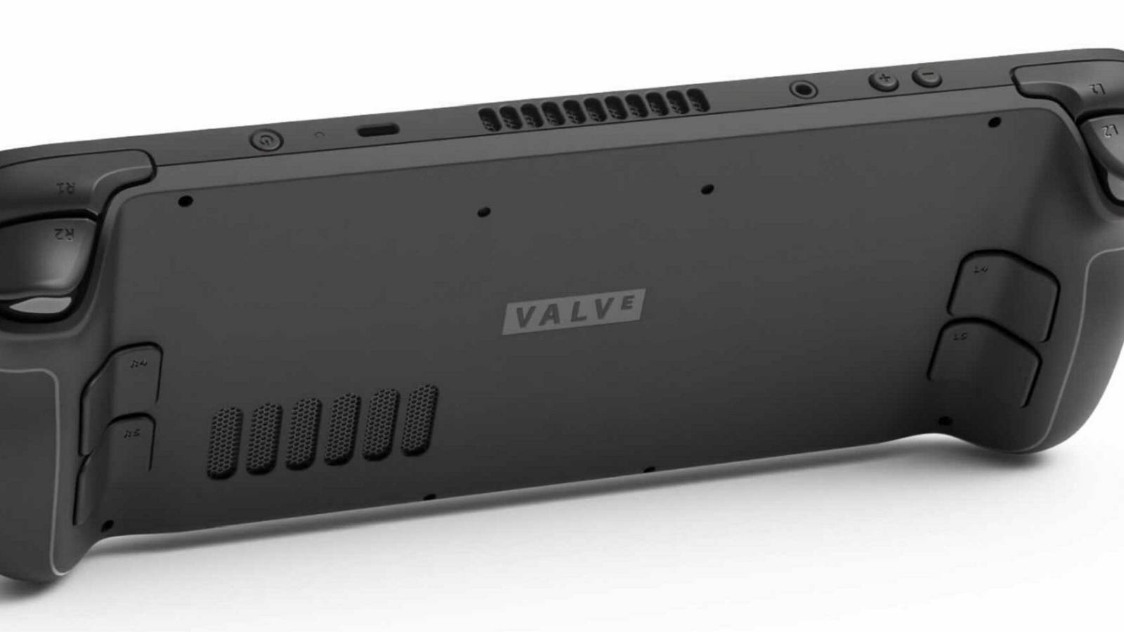 Photo showing the back of the Steam Deck with the Valve logo stamped on it.