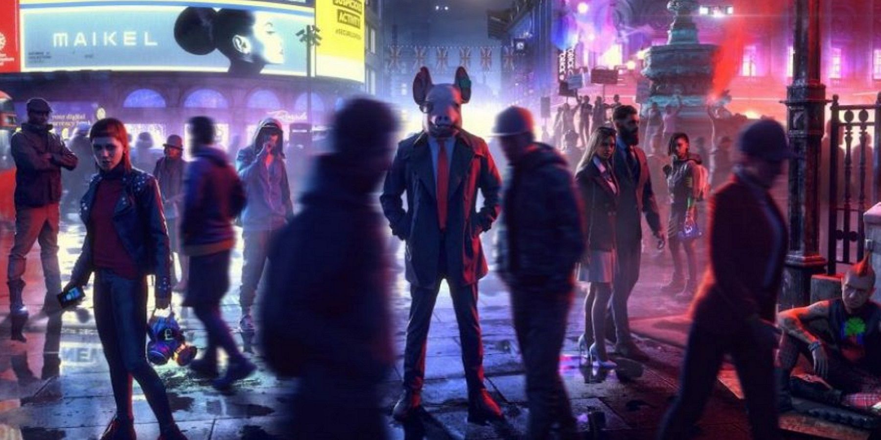 Image from Watch Dogs Legion showing a man wearing a suit and pig mask standing in a crowd.