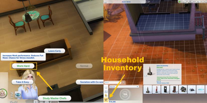 work hard option and household inventory location in the sims 4