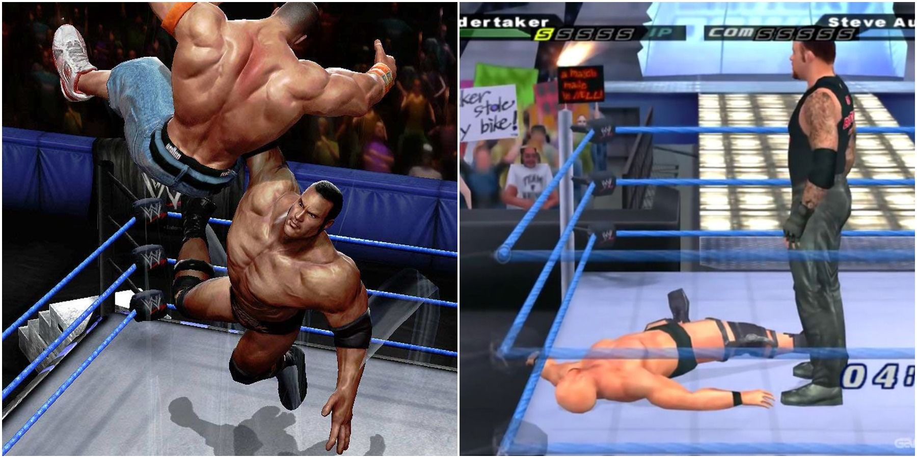 (Left) The Rock fighting Cena (Right) The Undertake fighting Steve Austin