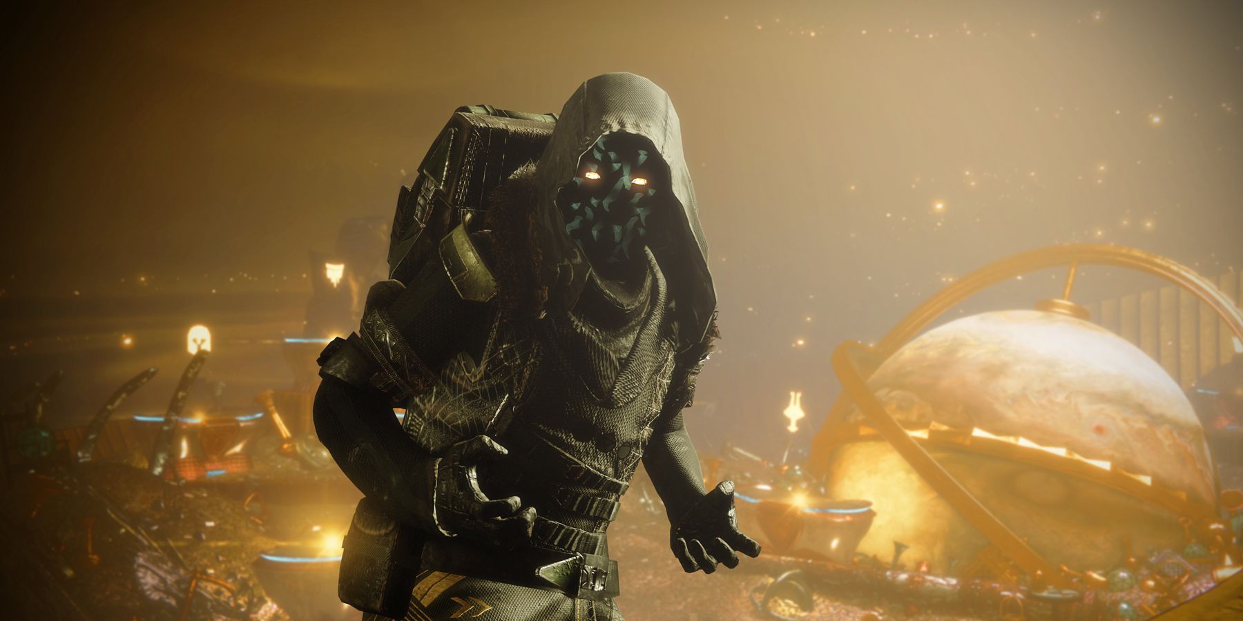 Xur with his treasure collection from Destiny 2.