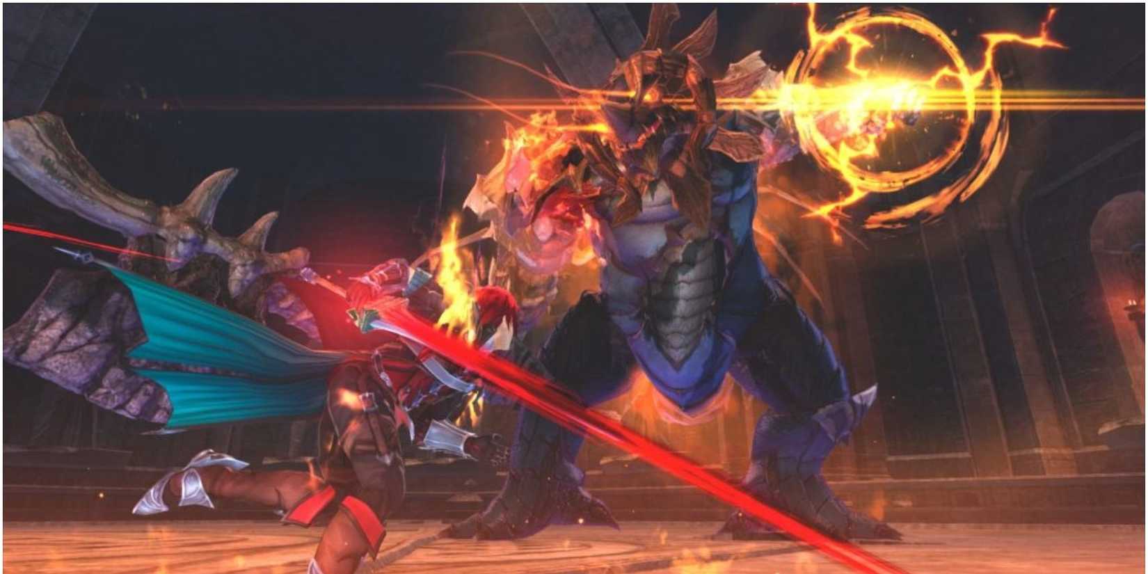 Adol fighting a boss monster in the Monstrum