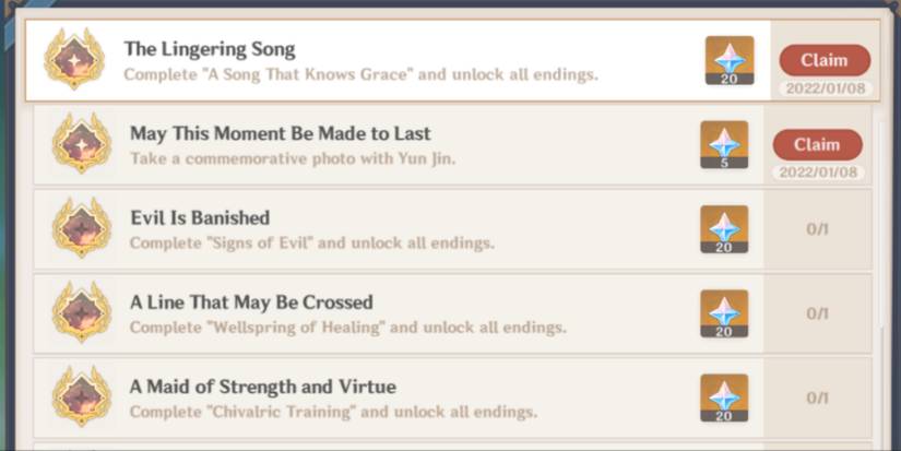 yun jin hangout achievements in Genshin Impact