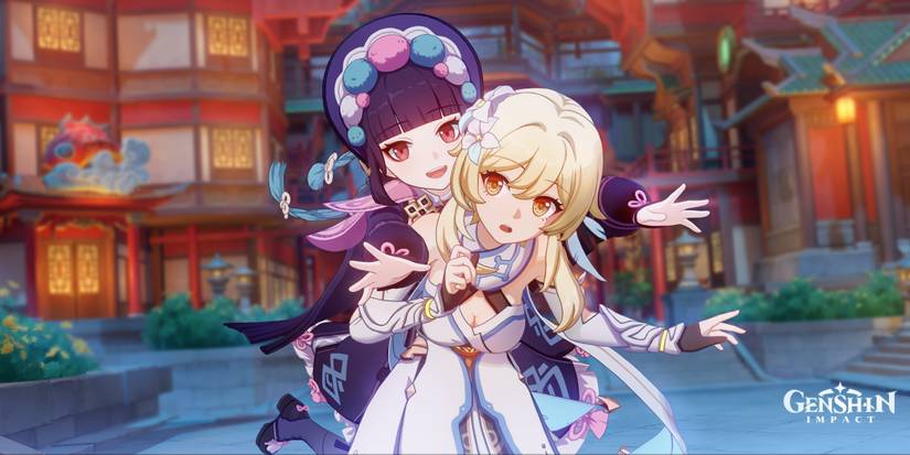 yun jin jumping on traveler's back in Genshin Impact