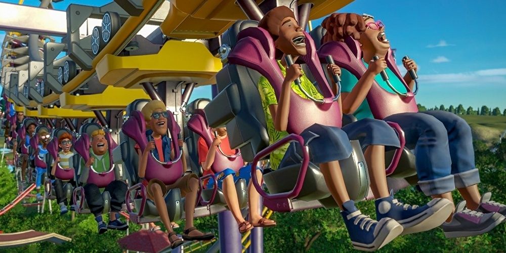 Guests Riding a Rollercoaster in Planet Coaster: Console Edition.