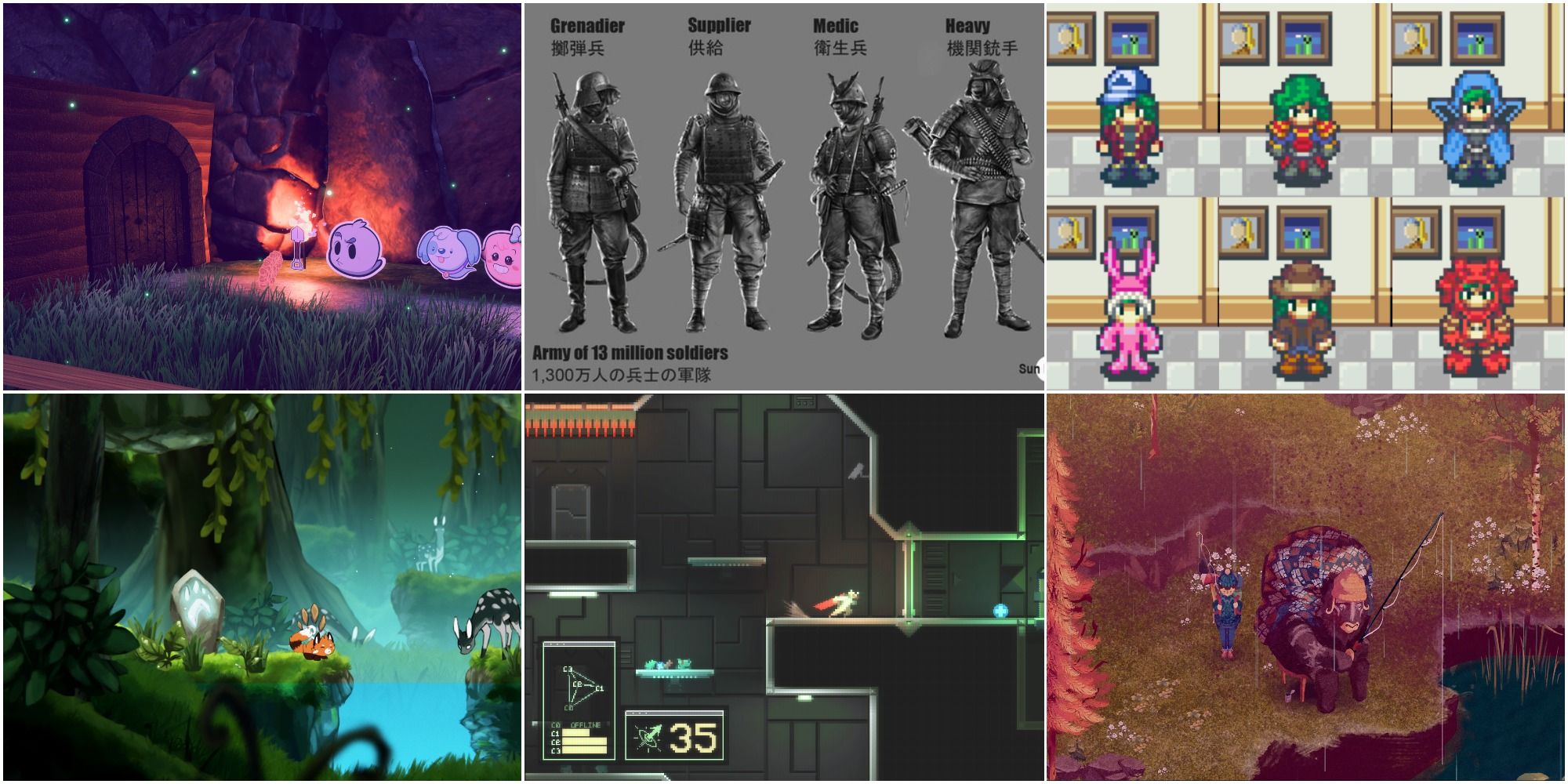 Split image a collage of screenshots from successful Kickstarter games releasing on Steam in 2022