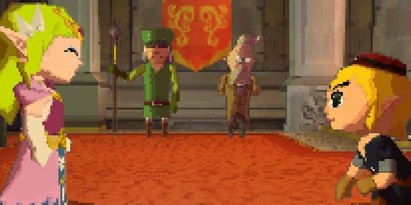 Link and Zelda meet in the throne room in Spirit Tracks. Link is wearing his engineer's outfit.