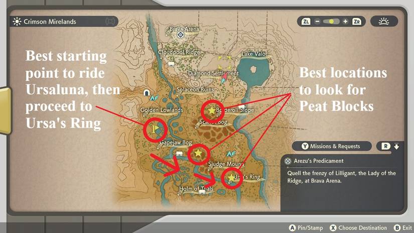 pokemon legends arceus how to evolve ursaring into ursaluna crimson mirelands peat block ride ursaluna find treasure full moon lunar cycle teddiursa ursaring locations