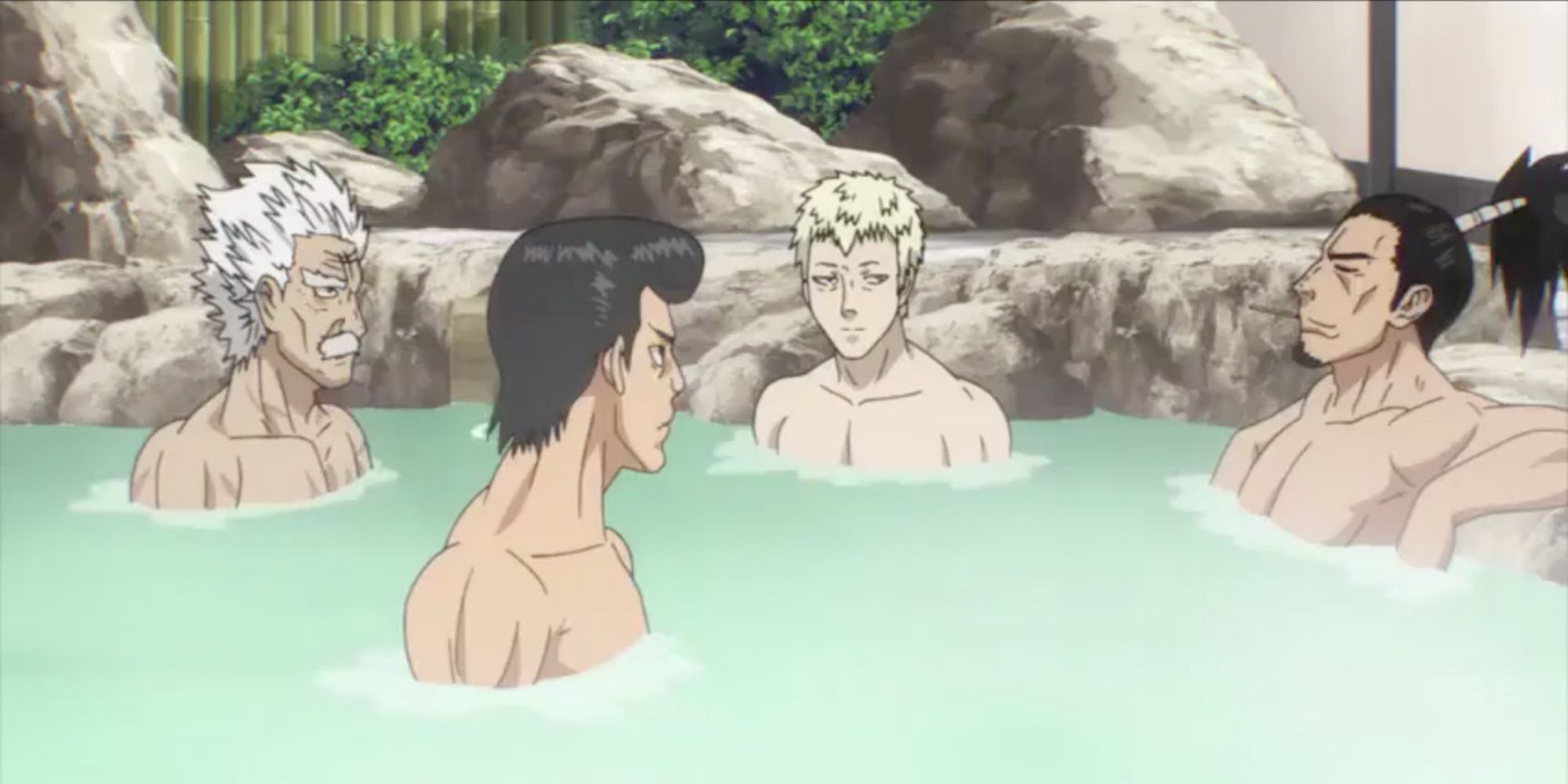 A scene featuring characters in a bath from One Punch Man