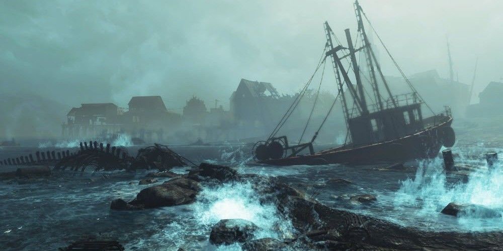 Far Harbor's ocean and a boat.