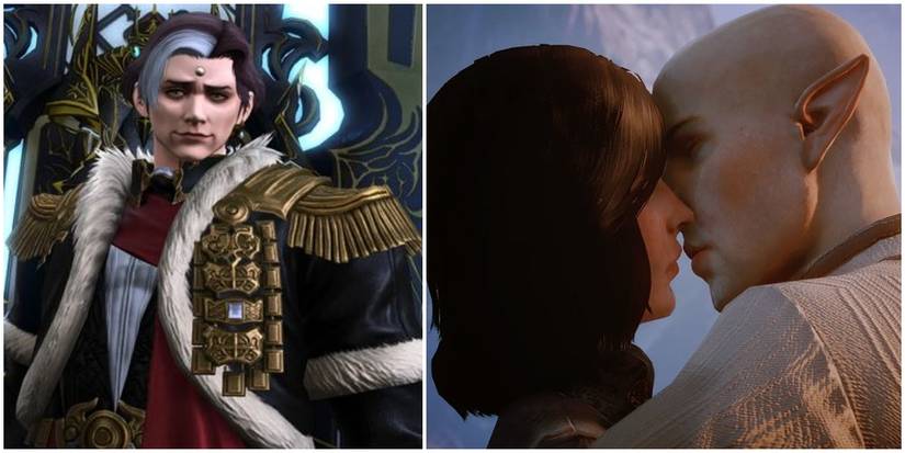 Split image of Emet-Selch and Solas kissing Lavellan.