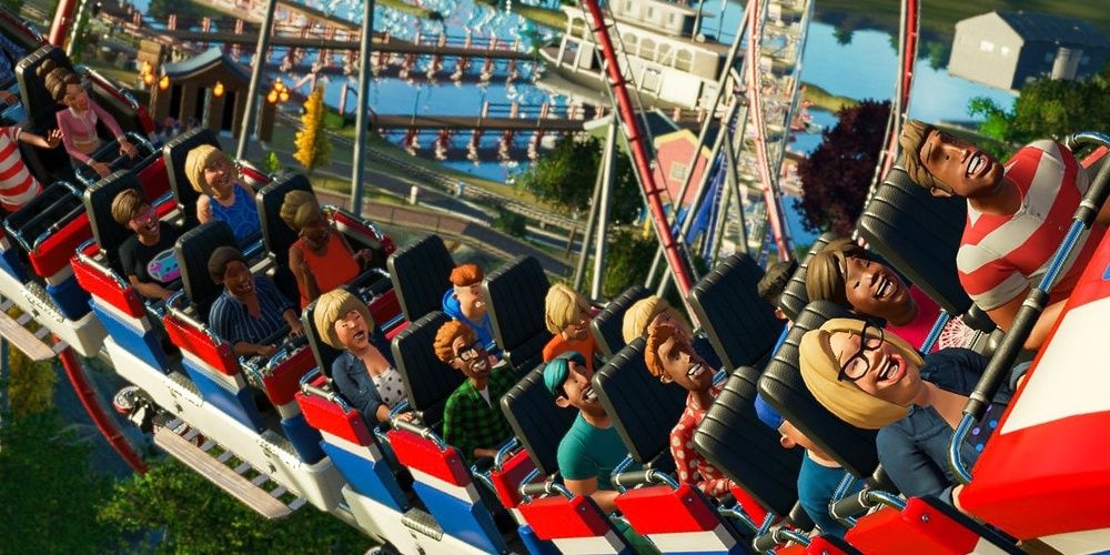 A Rollercoaster Full of Guests in Planet Coaster: Console Edition.