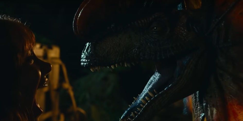 A Dilophosaurus roaring at Claire from Jurassic World: Dominion.