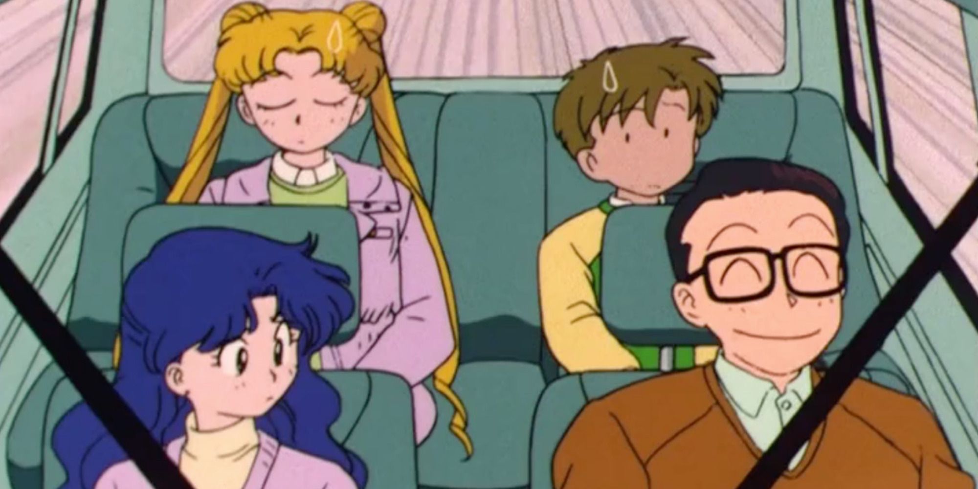 Usagi’s family in a car from Sailor Moon