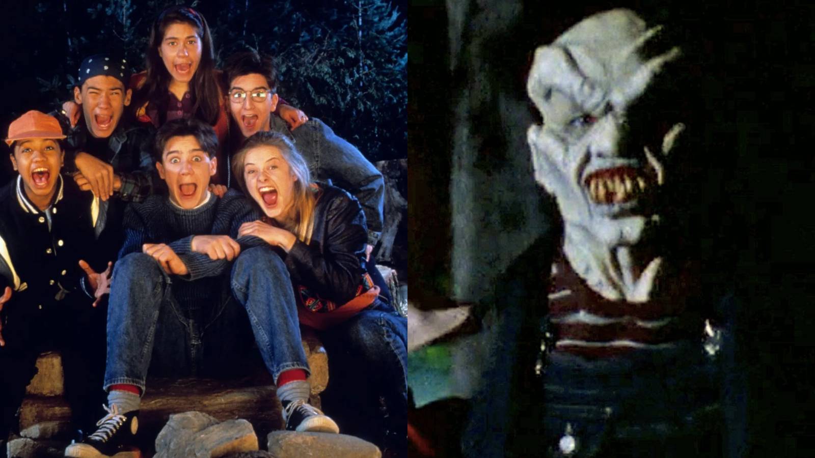 Split image of the Are You Afraid Of The Dark? cast and the haunted mask character from Goosebumps