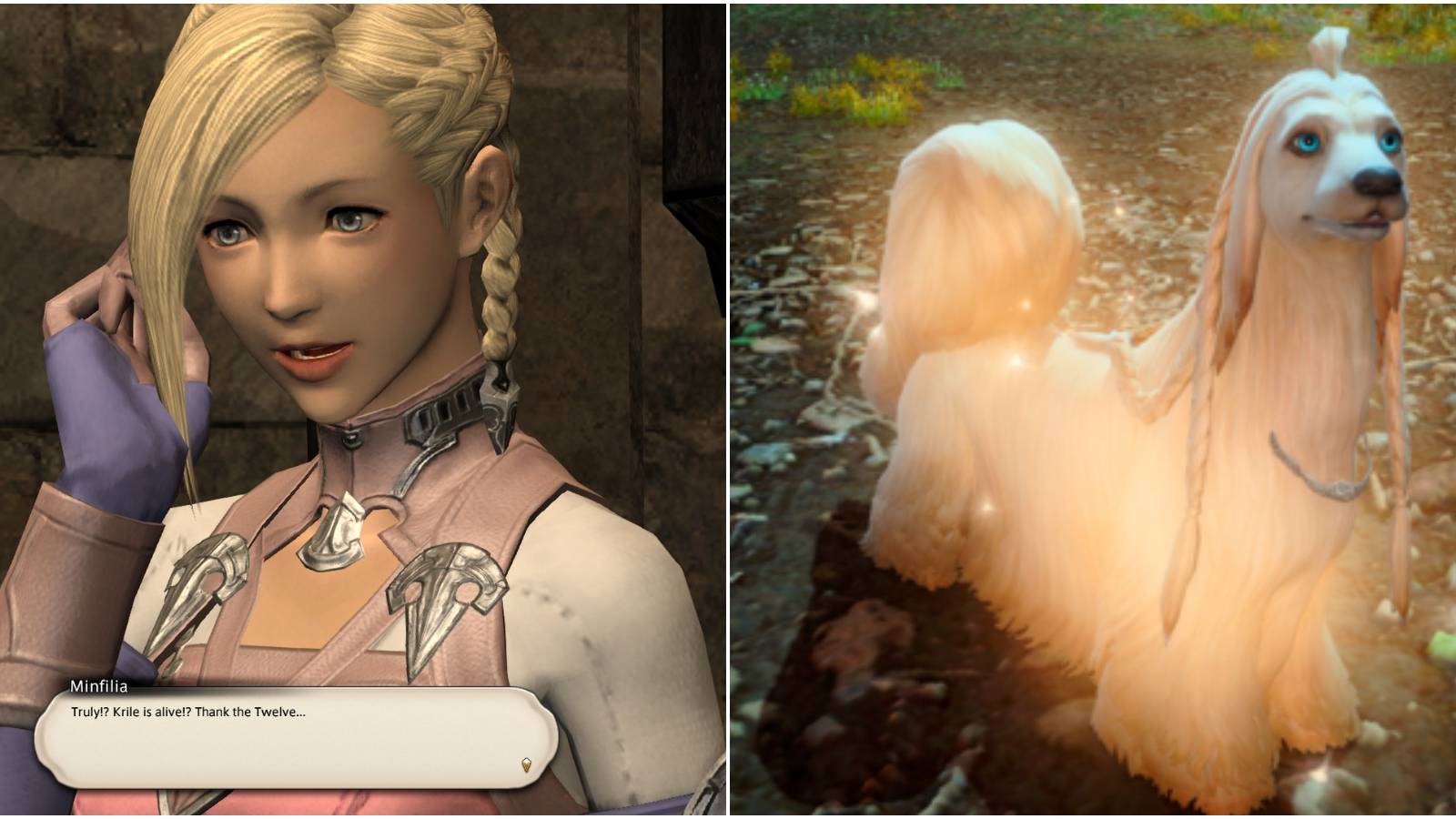 Split image of Minfilia and Argos.