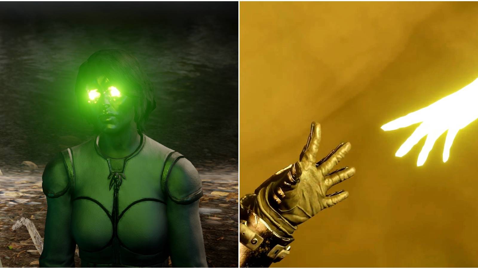 Split image of spirit of wisdom and Inquisitor reaching out to spirit. 