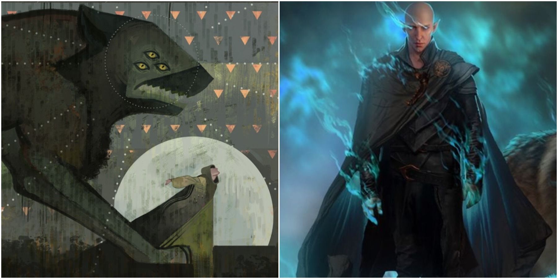 Split image of mural of Dread Wolf and Solas.