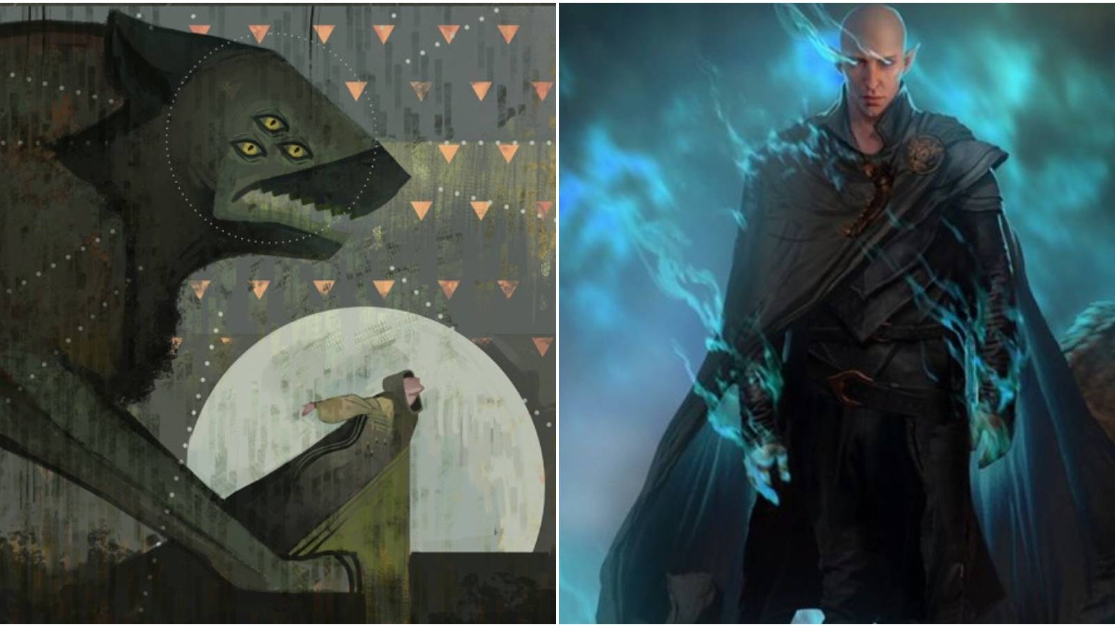 Split image of mural of Dread Wolf and Solas.