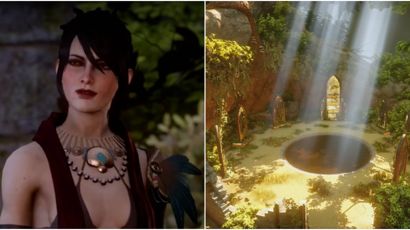Split image of Morrigan and the well.