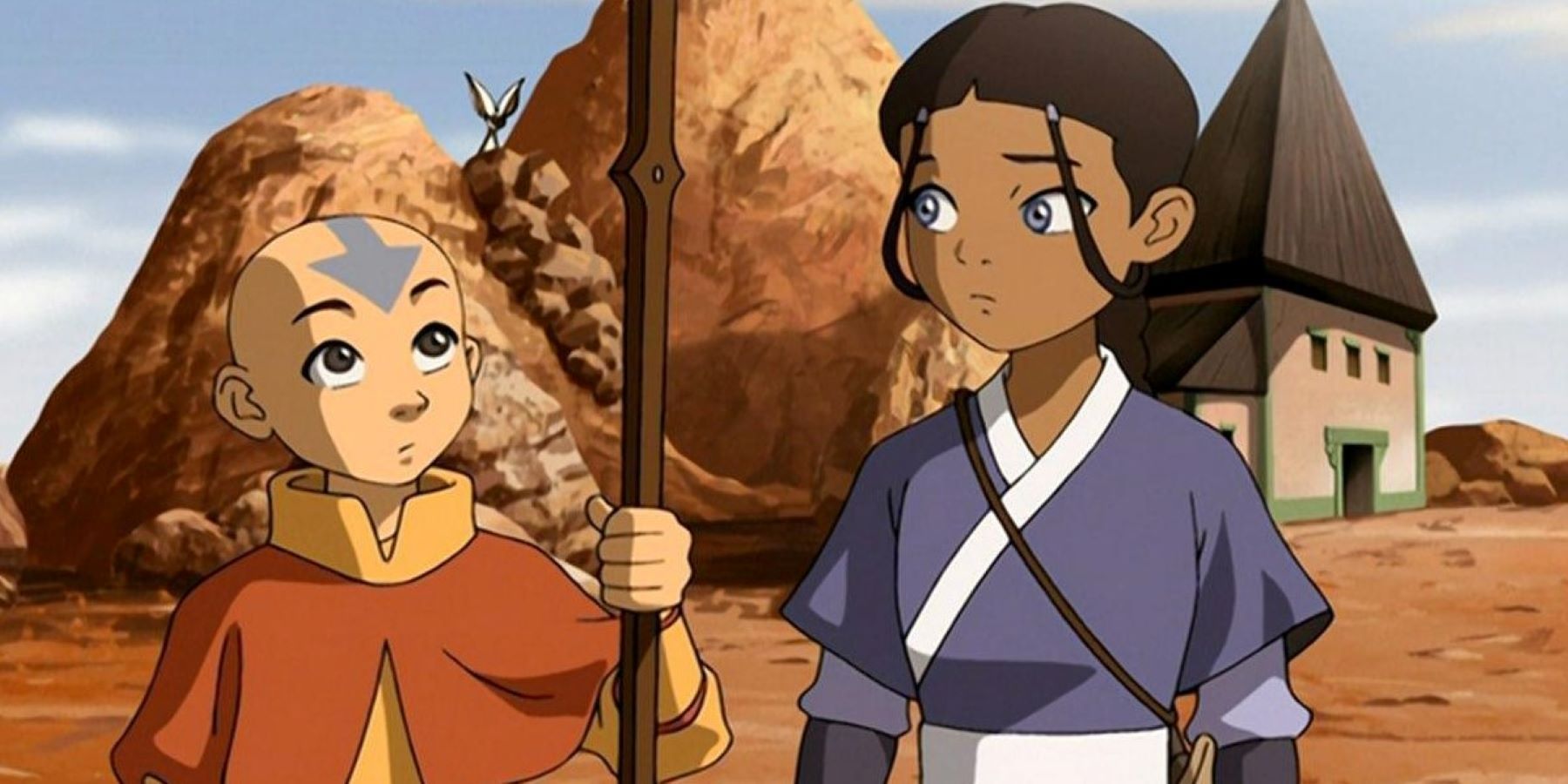 Aang, Katara, and Momo in the Earth Kingdom in Avatar: The Last Airbender
