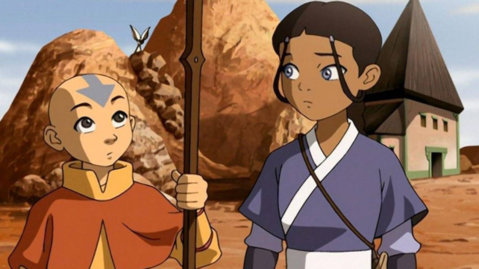 Aang, Katara, and Momo in the Earth Kingdom in Avatar: The Last Airbender