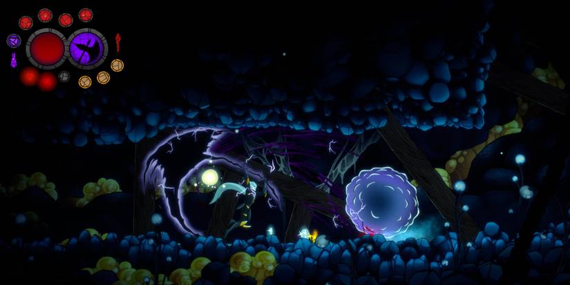 Aeterna Noctis - The player going through a cramped cave.