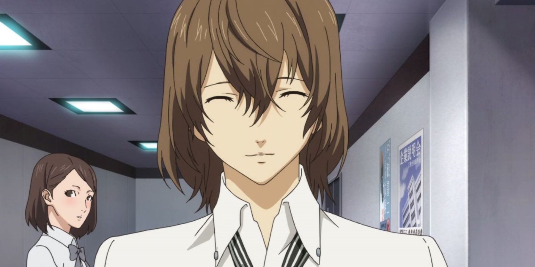 Goro Akechi visiting Shujin Academy in the Persona 5 anime, with a Shujin student in the background