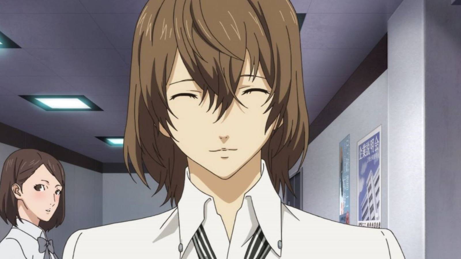 Goro Akechi visiting Shujin Academy in the Persona 5 anime, with a Shujin student in the background