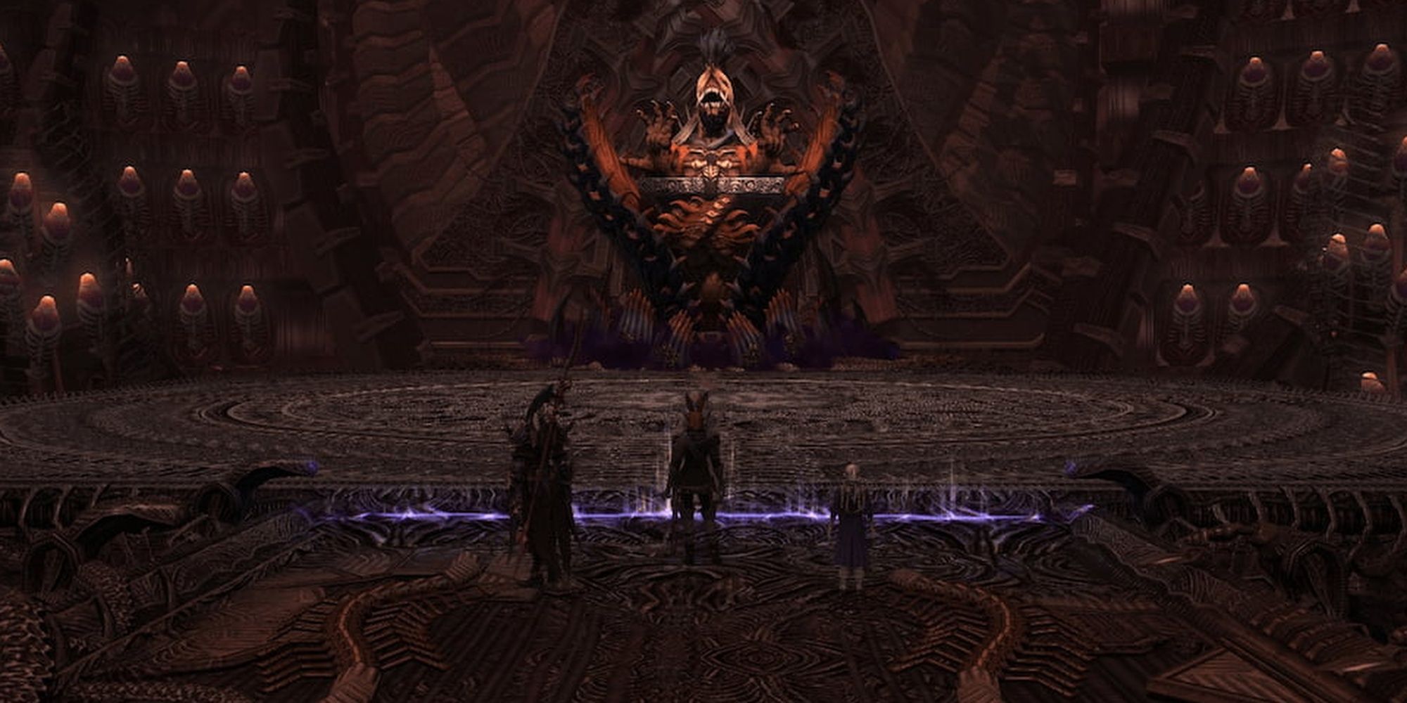 The Tower of Babil dungeon from Final Fantasy 14: Endwalker. A party of adventurers look upon a grotesque bound creature.