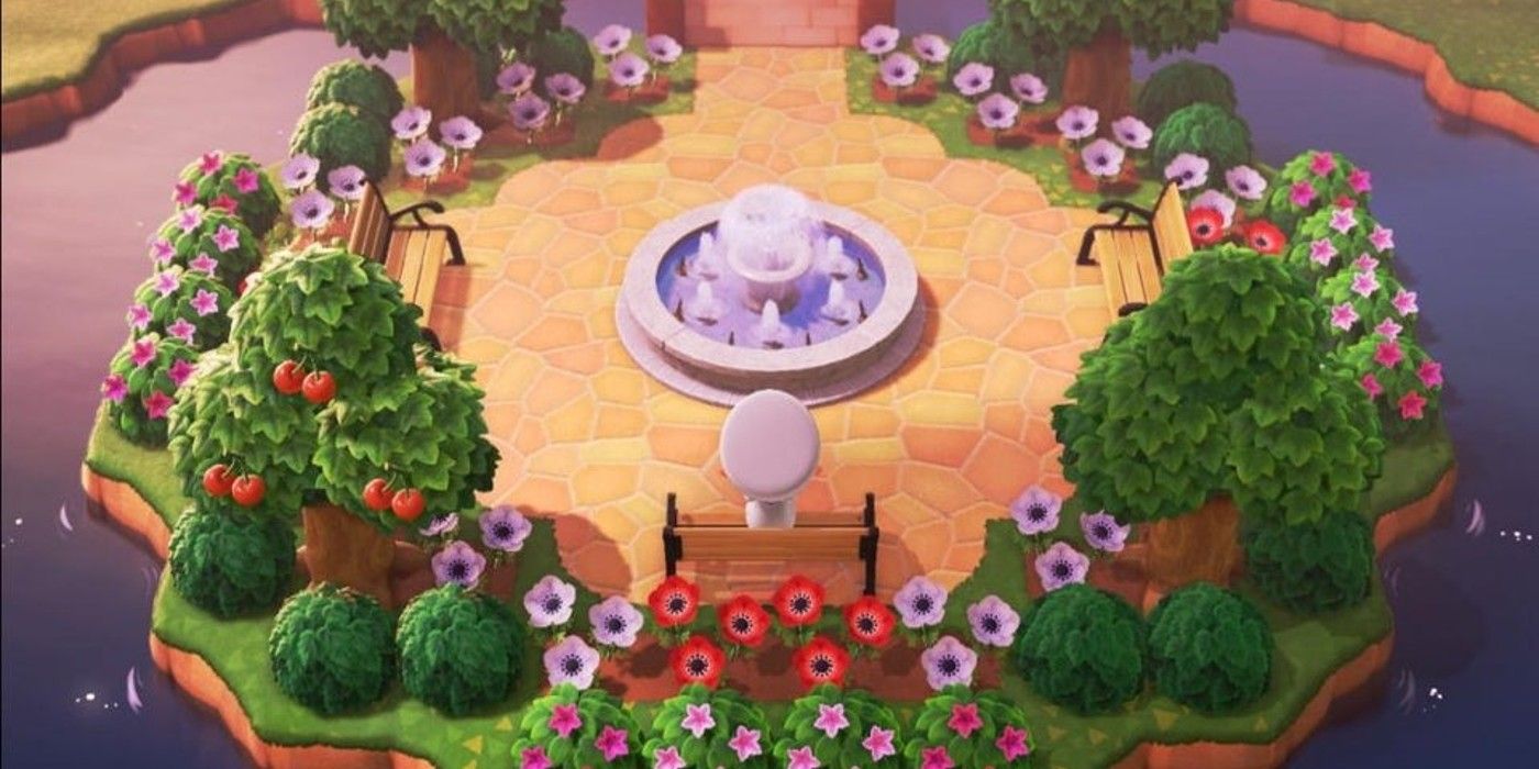 Animal Crossing New Horizons Scenic Park on the lake with benches, growth and a fountain
