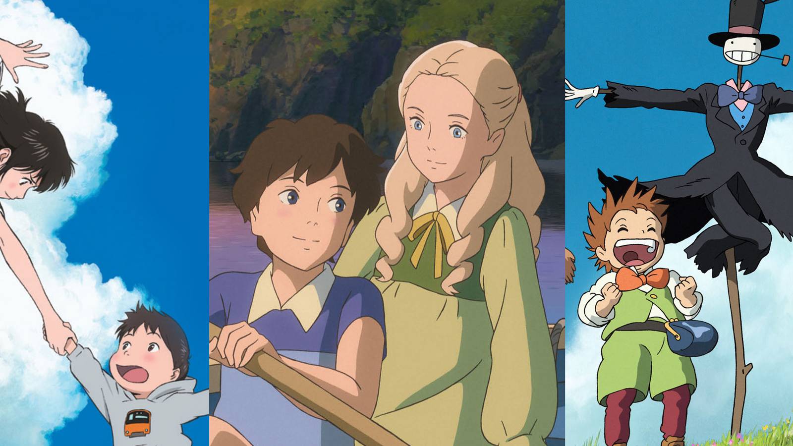 Kun being caught by his sister in Mirai; Marnie and Anna in a boat in When Marnie Was There; Turnip Head and Markl in Howl's Moving Castle