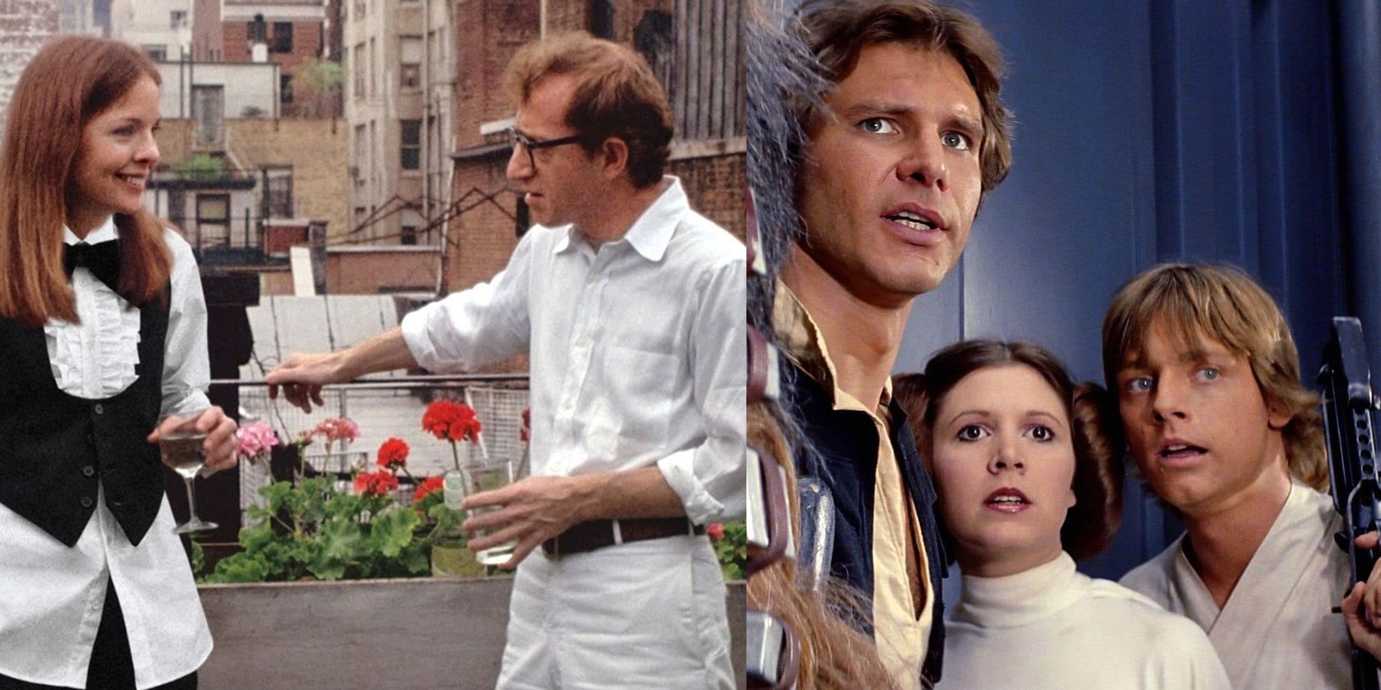Woody Allen and Diane Keaton talking in Annie Hall; Han, Chewy, Luke, and Leia in the Death Star in Star Wars