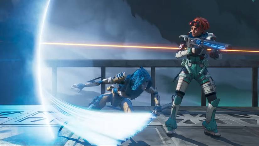 Ash slashes her sword through her Phase Breach portal and flanks behind Horizon, in Apex Legends