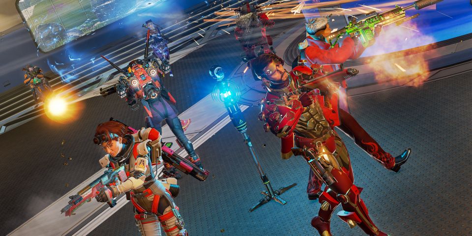 The legends Mirage, Horizon, Crypto, Valkyrie, and Bloodhound team up in Apex Legends Control gamemode