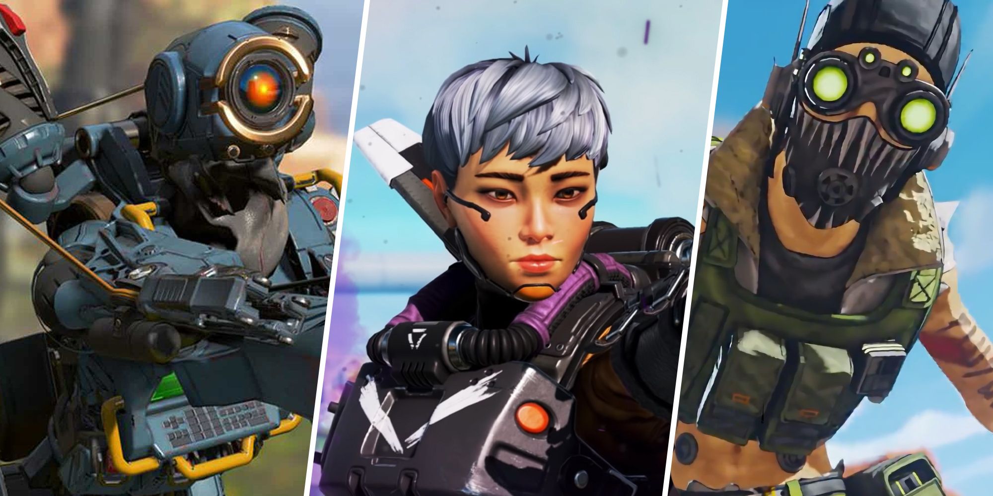 Split image of Apex Legends' Pathfinder, Valkyrie, and Octane