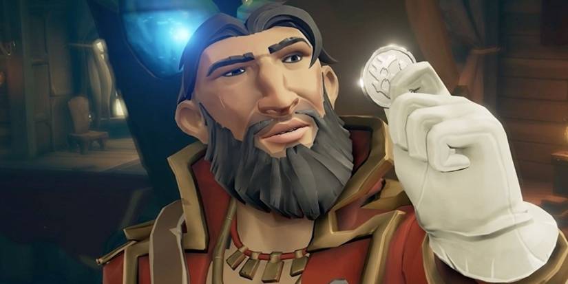 A Sea of Thieves pirate looking at a silver coin