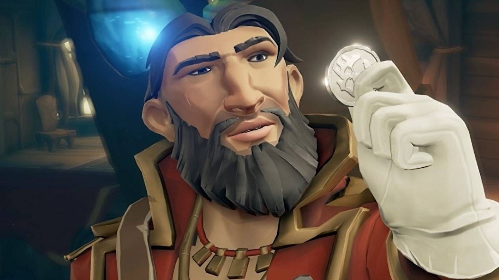 A Sea of Thieves pirate looking at a silver coin