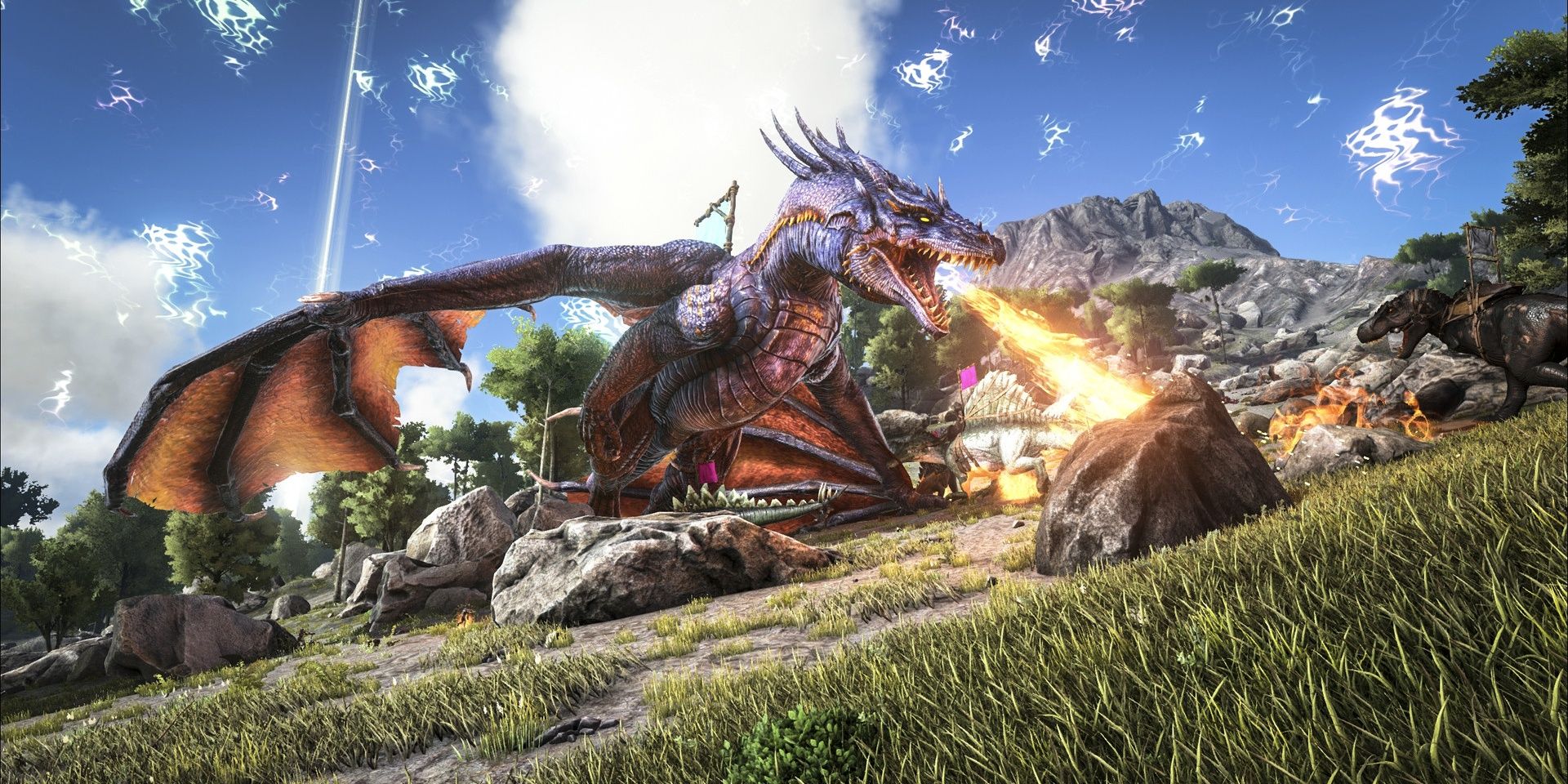 Un dragón lanza fuego durante una incursión en el videojuego Ark Survival Evolved