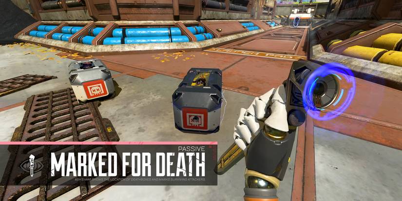 Ash uses her data knife to use her passive ability Marked For Death on a death box in Apex Legends