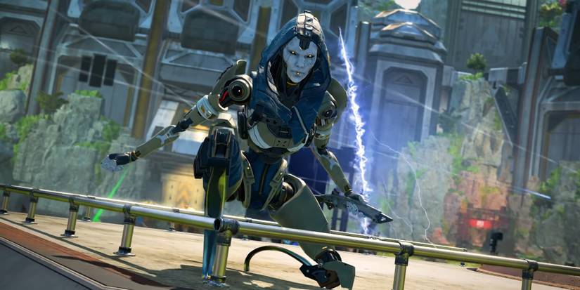 Ash crouches in front of her Phase Breach portal exit, with gunfire in the background, from Apex Legends