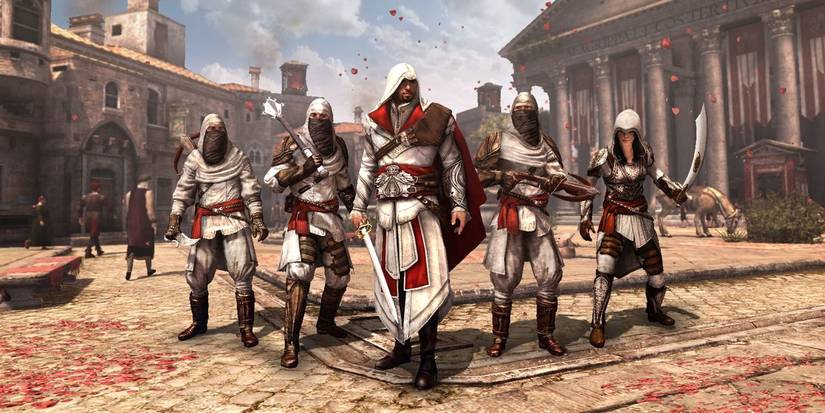 Assassin's Creed Brotherhood Ezio with group of assassins in Rome carrying weapons