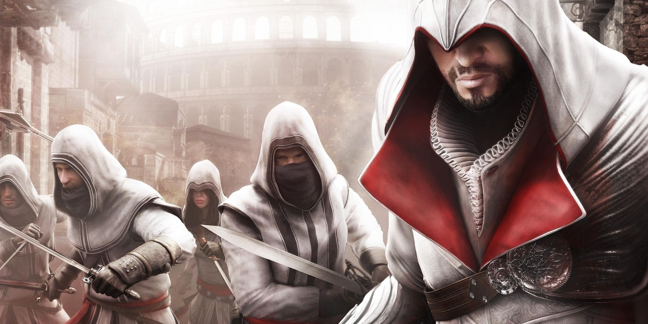 Assassin's Creed Brotherhood Ezio with group of assassins with weapons in Rome