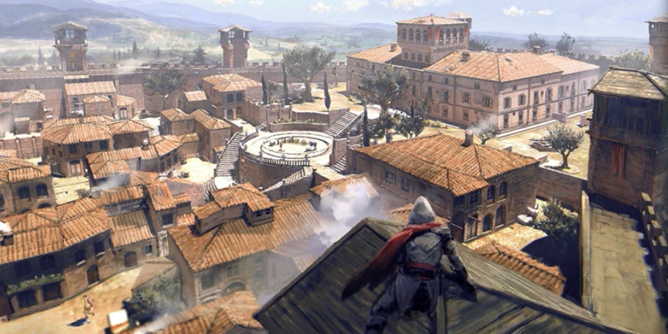 Assassin's Creed II Ezio Auditore looking down on Monteriggioni from tower