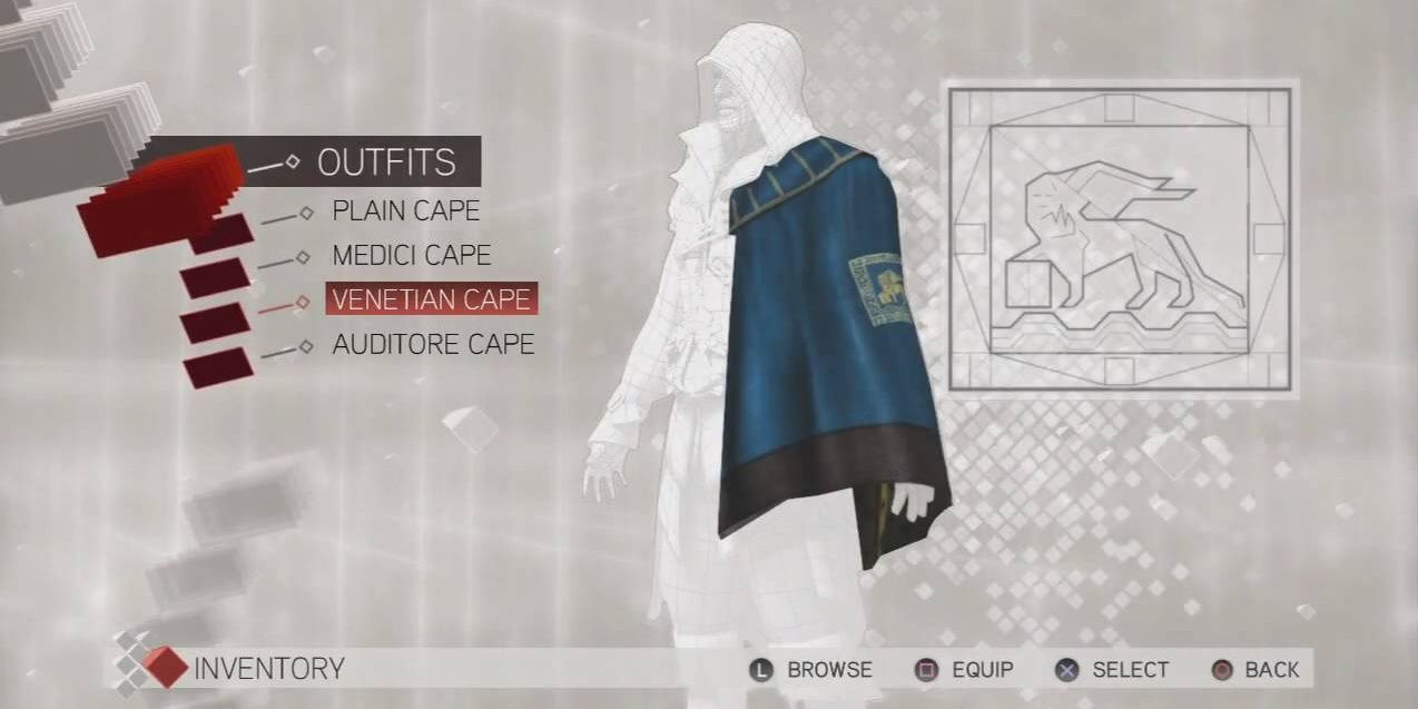 Assassin's Creed II Ezio's cape menu showing blue Venetian cape screenshot