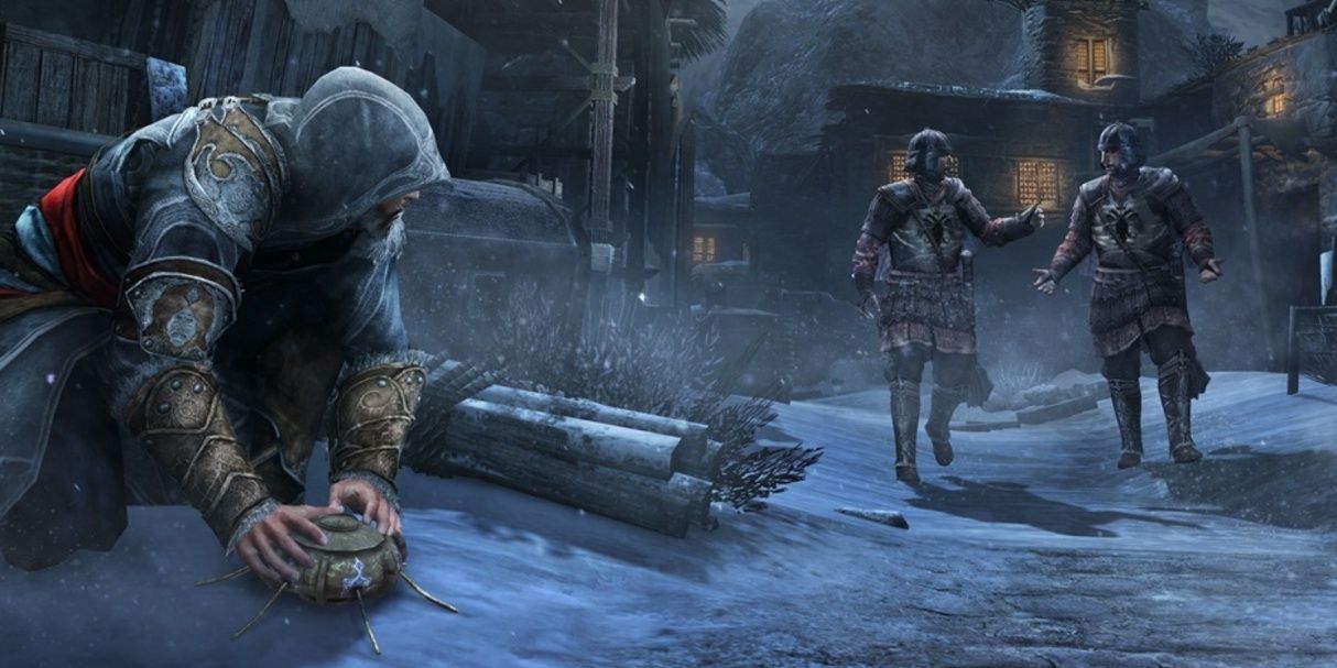 Assassin's Creed Revelations Ezio placing a bomb for two byzantine guards at night