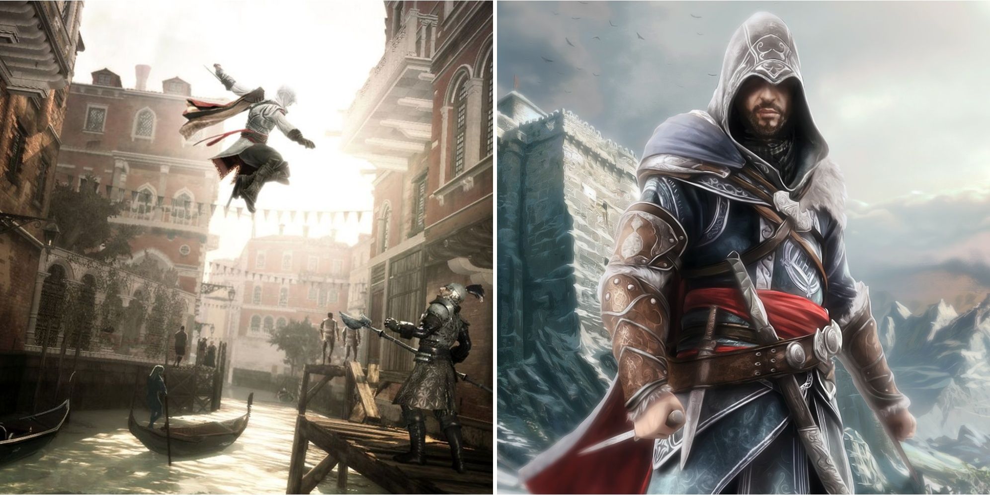 left: young Ezio jumping over Venice canal; right: old Ezio standing by mountains