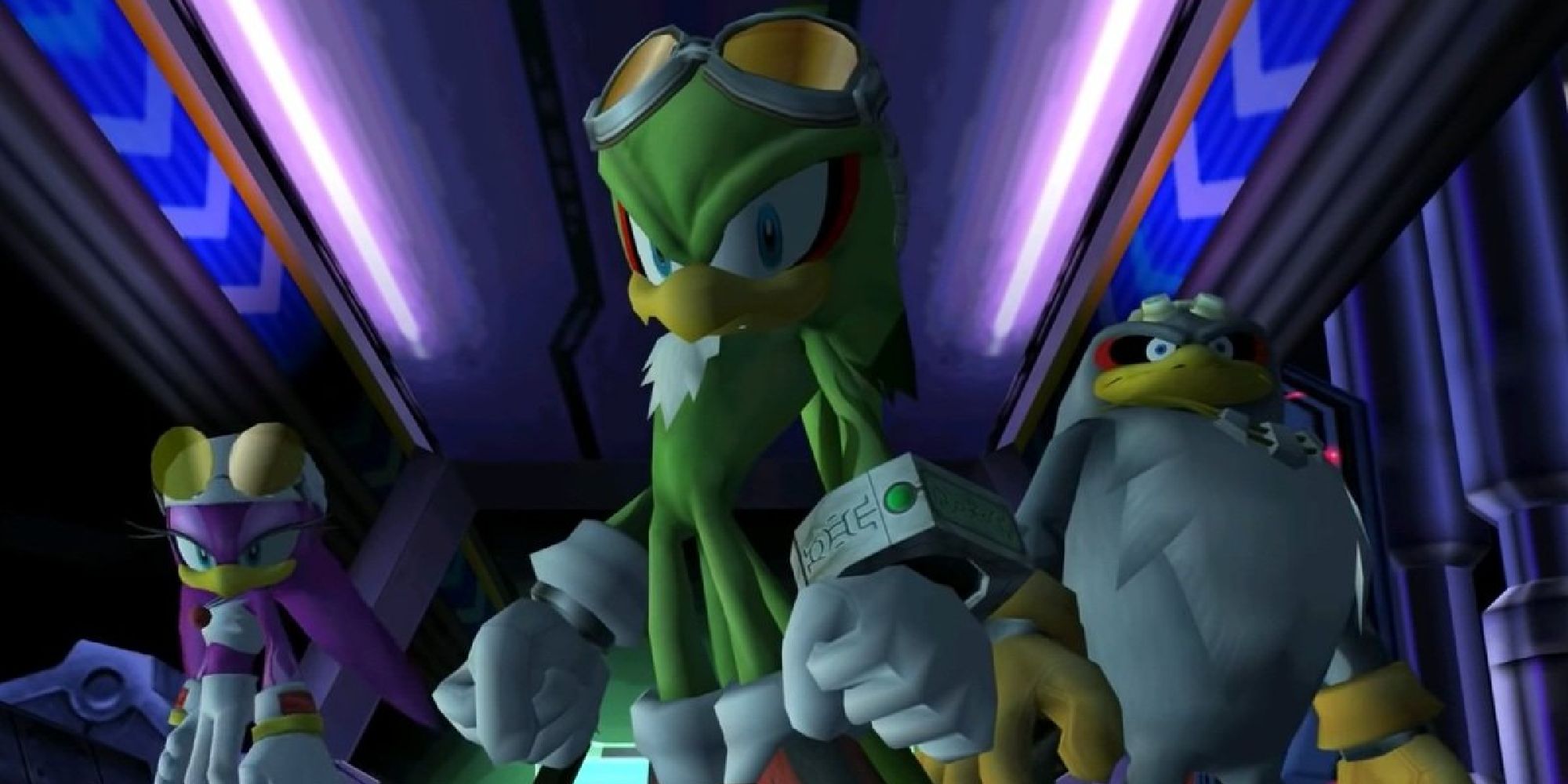 Jet, Storm, and Wave standing in V-formation in Sonic Riders