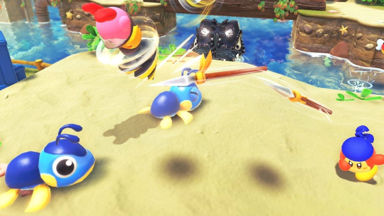 Drill Kirby and Bandana Waddle Dee fighting turtle enemies in Kirby and the Forgotten Land