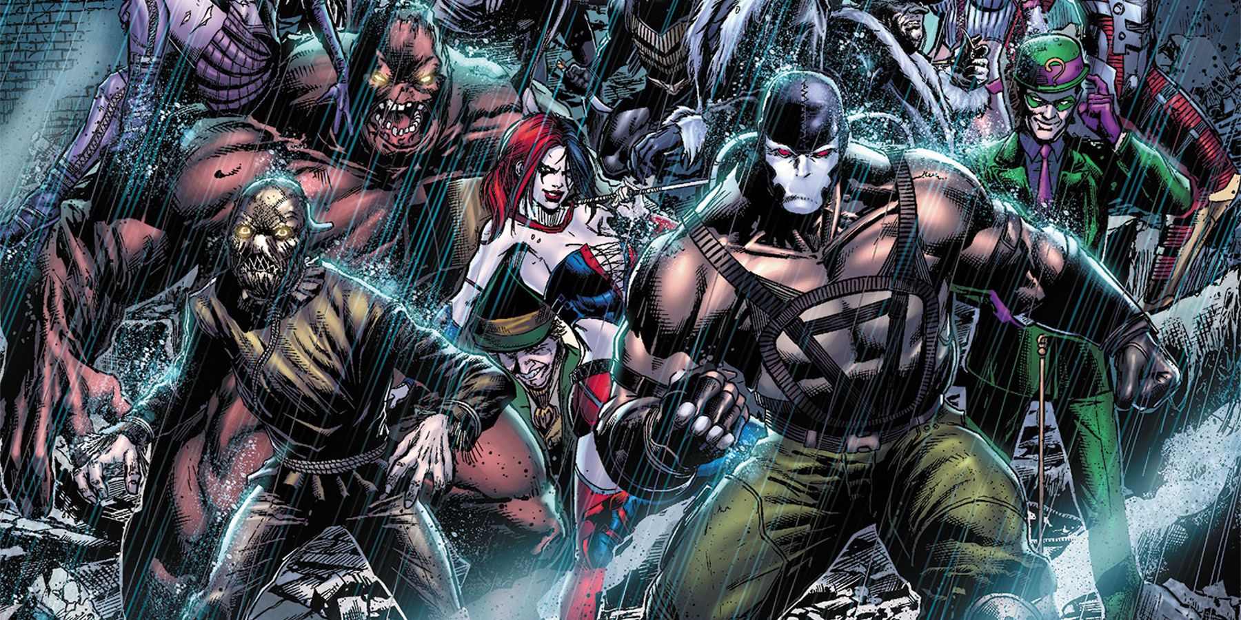 Bane and Scarecrow's armies lines up in cover artwork for Forever Evil Arkham War